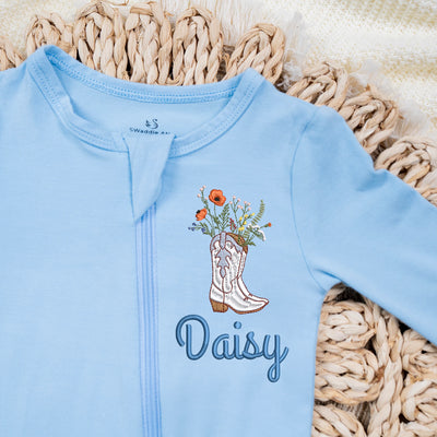 Embroidered Cowgirl Baby Pjs in Blue Bell