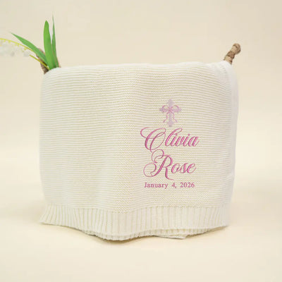 Personalized Bow Cross Embroidered Knit Baby Blanket
