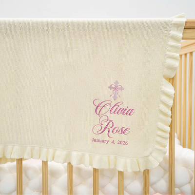 Personalized Bow Cross Embroidered Knit Baby Blanket