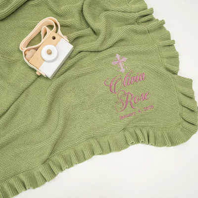 Personalized Bow Cross Embroidered Knit Baby Blanket
