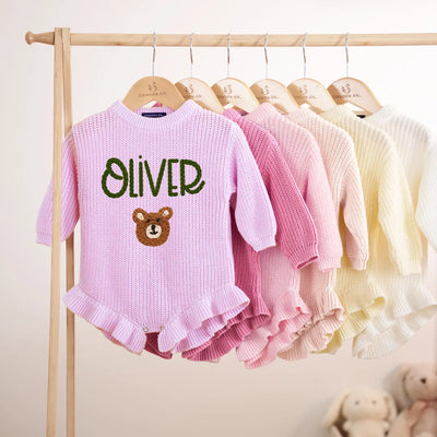 Custom Hand Embroidered Bear Baby Romper