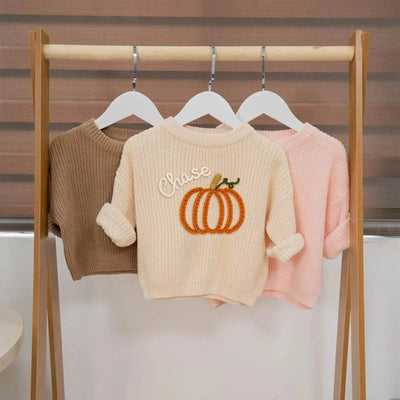 Custom Baby Name Pumpkin Hand Embroidery Knit Sweater SwaddleAn