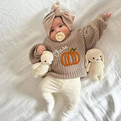 Custom Baby Name Pumpkin Hand Embroidery Knit Sweater SwaddleAn