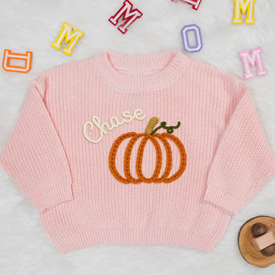 Custom Baby Name Pumpkin Hand Embroidery Knit Sweater SwaddleAn