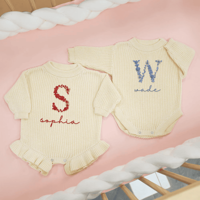 Custom Floral Initial Name Baby Romper in Cream