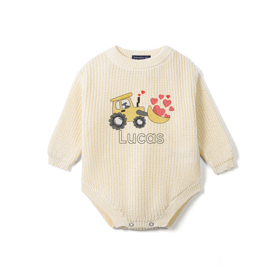 Custom Name Bulldozer Hearts Embroidered Knit Baby Romper