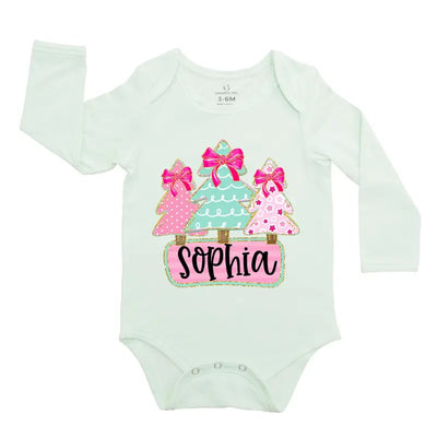 Custom Name Christmas Tree Baby Girl Onesie - SwaddleAn