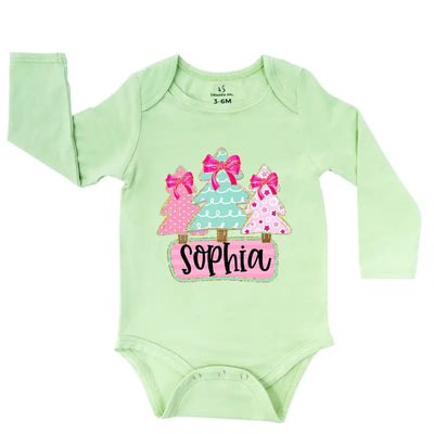 Custom Name Christmas Tree Baby Girl Onesie - SwaddleAn
