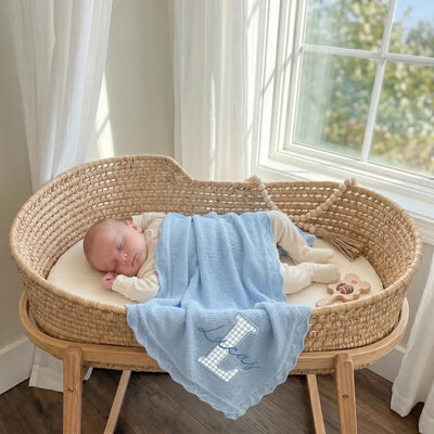 Embroidered Checker Applique Blue Baby Blanket