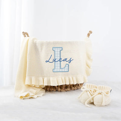 Embroidered Checker Applique Blue Baby Blanket