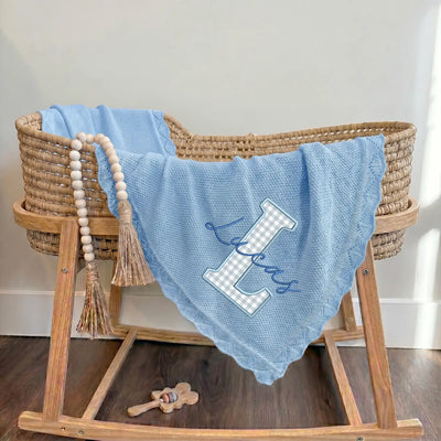 Embroidered Checker Applique Blue Baby Blanket