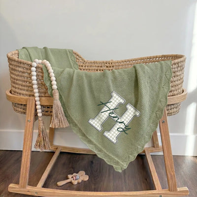 Embroidered Checker Applique Green Baby Blanket