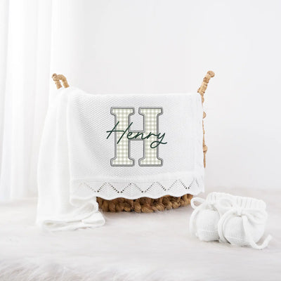 Embroidered Checker Applique Green Baby Blanket
