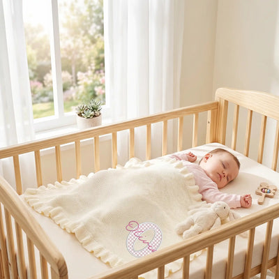 Embroidered Checker Applique Pink Baby Blanket