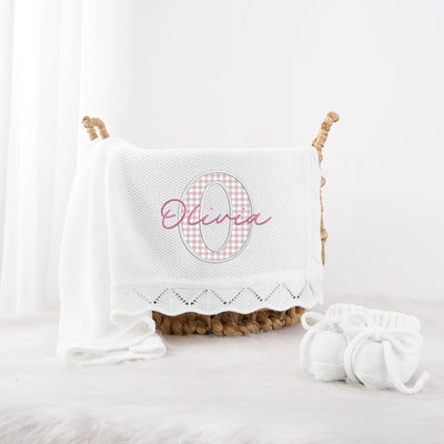 Embroidered Checker Applique Pink Baby Blanket