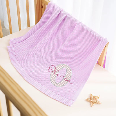 Embroidered Checker Applique Pink Baby Blanket