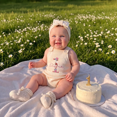 Embroidered First Birthday Floral Baby Strap Romper