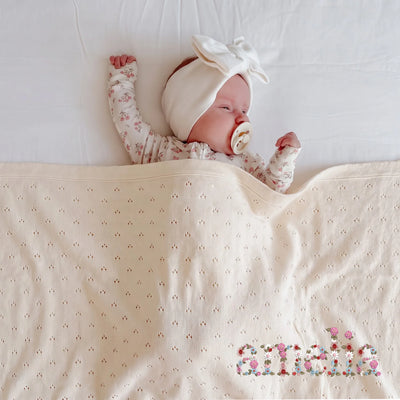 Embroidered Floral Name Baby Pointelle Blanket