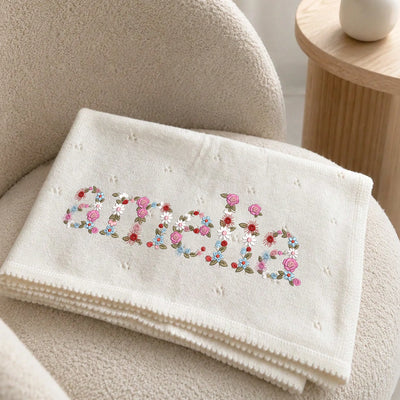 Embroidered Floral Name Baby Pointelle Blanket