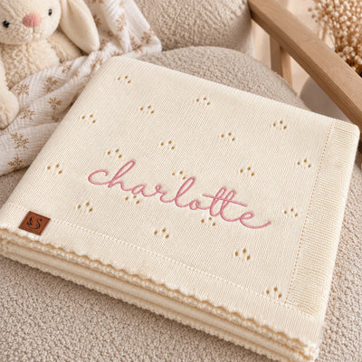 Embroidered Name Pointelle Baby Knit Blanket