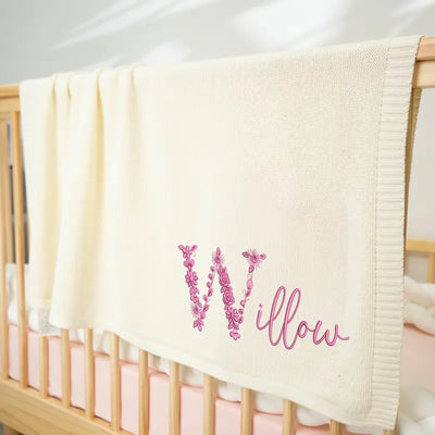 Embroidered Baby Floral Name Blanket - SwaddleAn