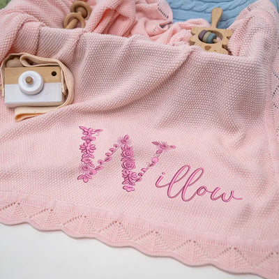 Embroidered Baby Floral Name Blanket - SwaddleAn