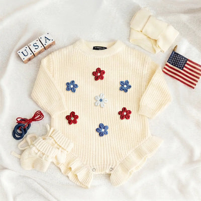 Floral Hand-Embroidered Patriotic Baby Romper