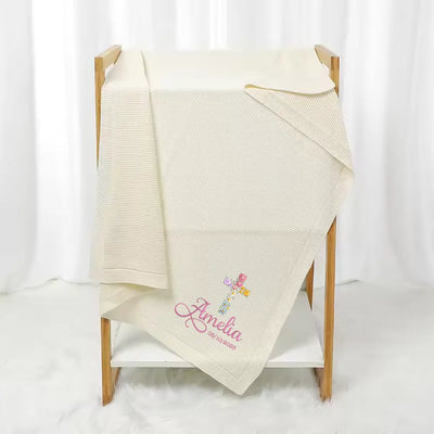 Personalized Floral Cross Embroidered Knit Baby Blanket
