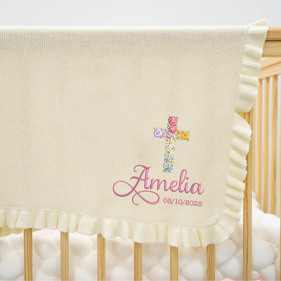 Personalized Floral Cross Embroidered Knit Baby Blanket