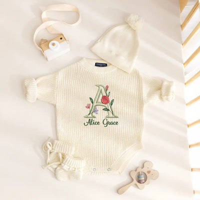 Floral Custom Initial Embroidery Romper