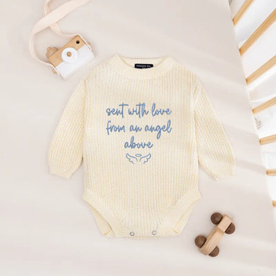 Embroidered Knit Baby Romper in Guardian Angel