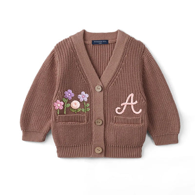 Hand-Embroidered Initial Floral Baby Cardigan