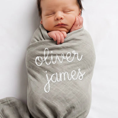 Hand Embroidered Name Baby Swaddle Muslin Blanket