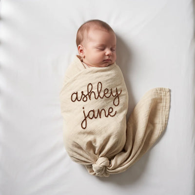 Hand Embroidered Name Baby Swaddle Muslin Blanket
