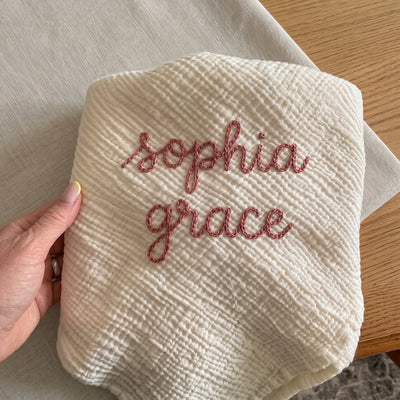 Hand Embroidered Name Baby Swaddle Muslin Blanket