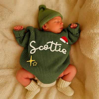 Hand Embroidered Christmas Name Baby Sweater - SwaddleAn