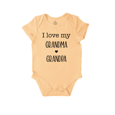 Beige baby onesie with 'I love my Grandma Grandpa' text on a white background