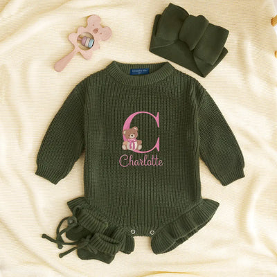 Initial Name Bear Embroidery Baby Romper