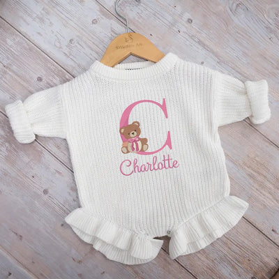 Initial Name Bear Embroidery Baby Romper - SwaddleAn