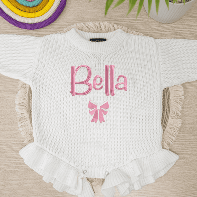 Personalized Embroidered Bow Ruffle Baby Romper in White