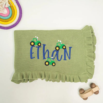 Personalized Tractor Embroidery Baby Boy Name Blanket - SwaddleAn