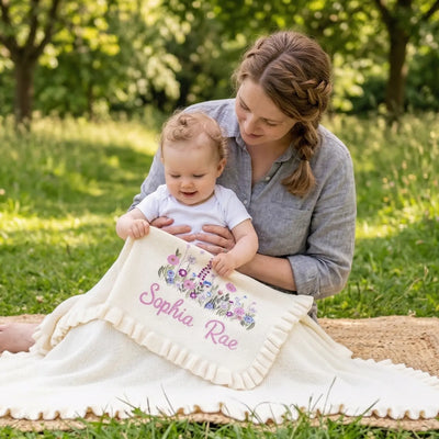 Personalized woman and baby holding wildflower blankets