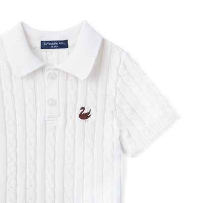 Cable Knit Polo Sweater in White