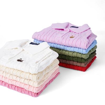 Cable Knit Sleeveless Polo Shirt in Beige