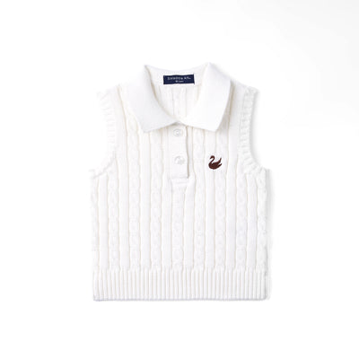 Cable Knit Sleeveless Polo Shirt in White