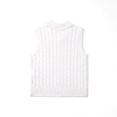 Cable Knit Sleeveless Polo Shirt in White