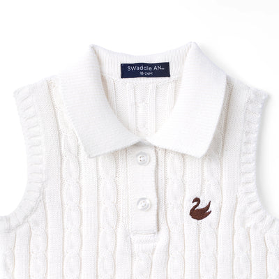 Cable Knit Sleeveless Polo Shirt in White