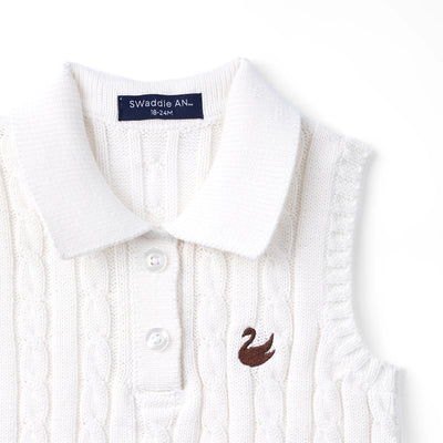 Cable Knit Sleeveless Polo Shirt in White