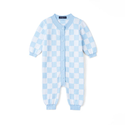 Blue and white checkered baby onesie on a white background