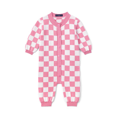 Pink Checker Baby Knit Button Romper